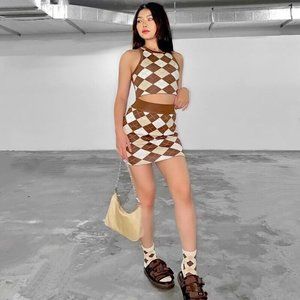Womens Matching Set Outfit Tank Skirt Mini Size XS Brown Ivory Diamond Stretch